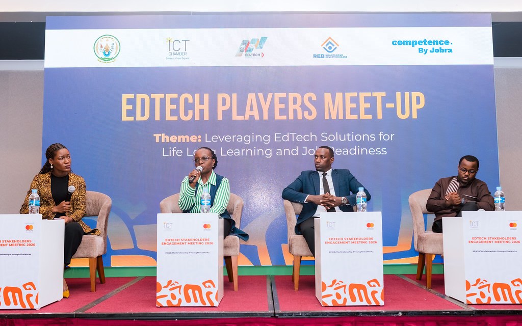 EdTech Mondays October Players Meet-Up panelists on stage in Kigali